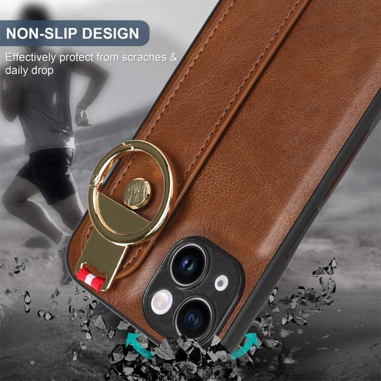 For iPhone 13 Wristband Leather Back Phone Case