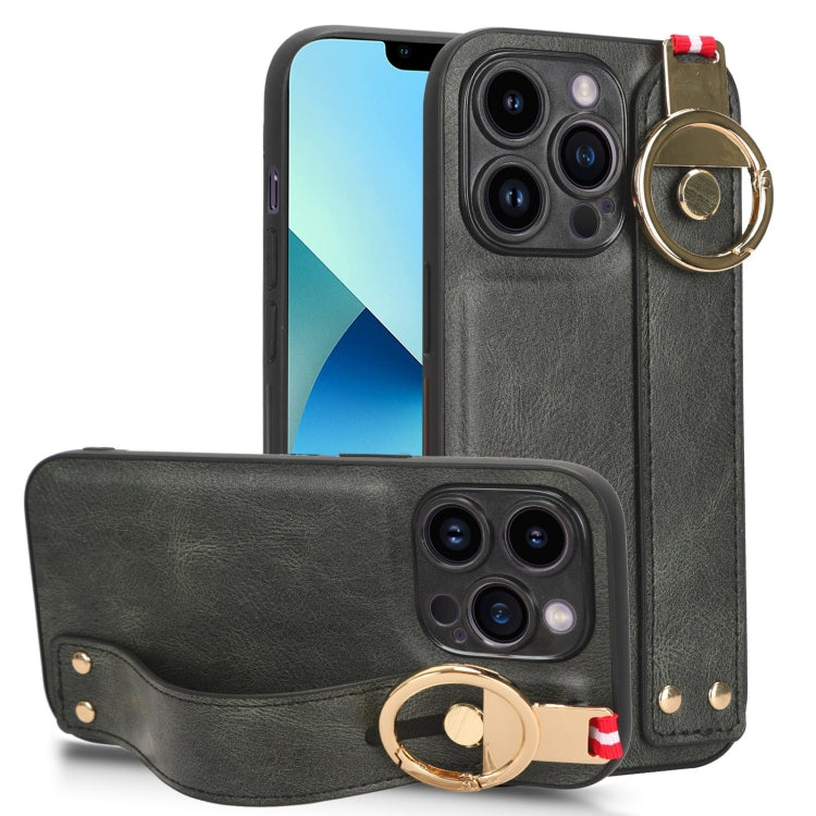 For iPhone 13 Pro Wristband Leather Back Phone Case