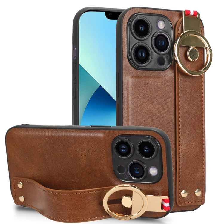 For iPhone 13 Pro Wristband Leather Back Phone Case