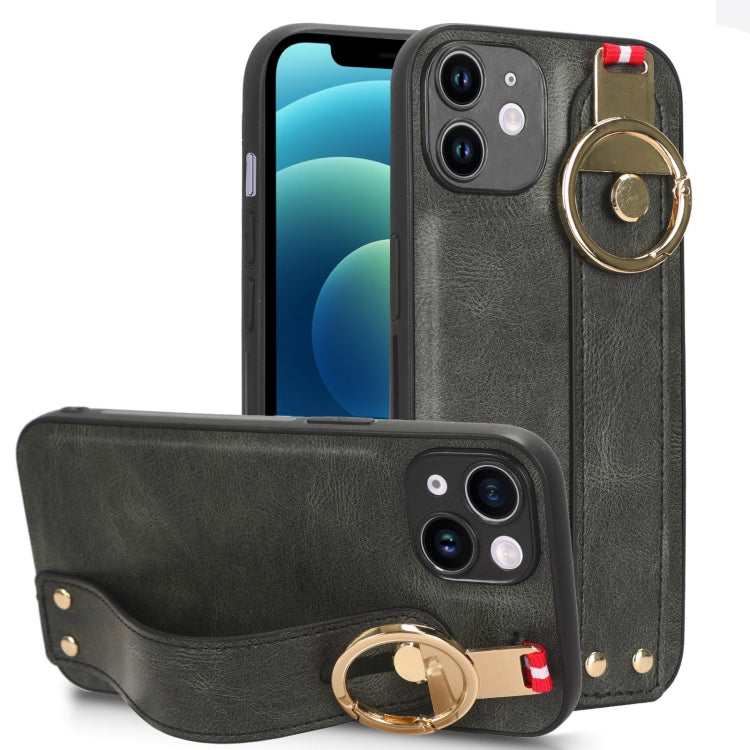 For iPhone 12 Wristband Leather Back Phone Case