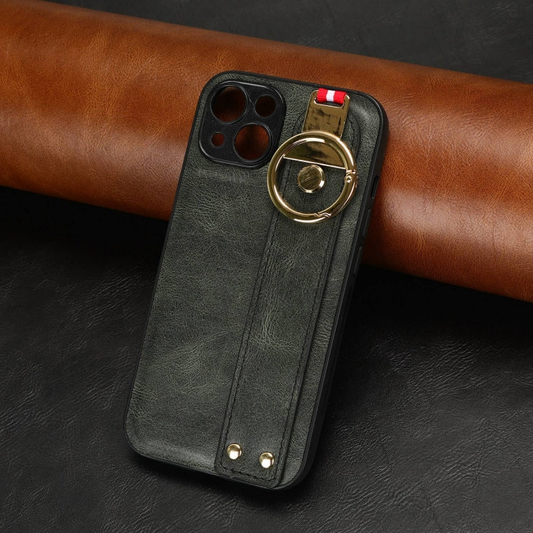For iPhone 12 Wristband Leather Back Phone Case