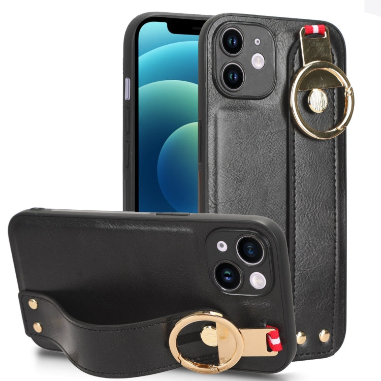 For iPhone 12 Wristband Leather Back Phone Case