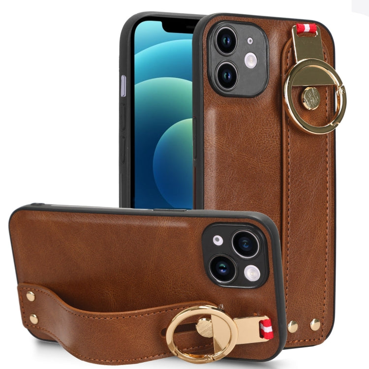 For iPhone 12 Wristband Leather Back Phone Case