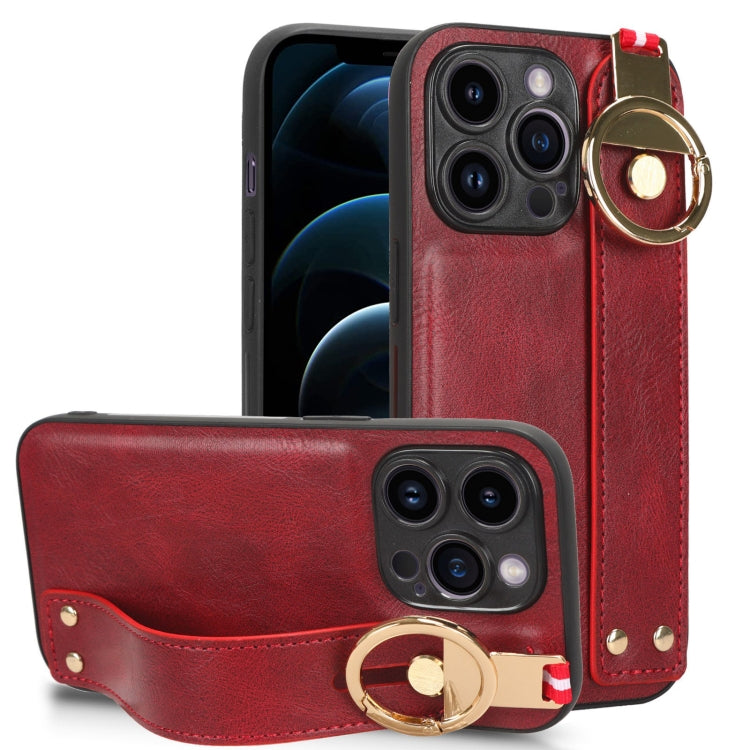 For iPhone 12 Pro Max Wristband Leather Back Phone Case