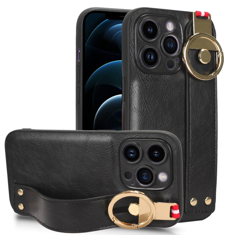 For iPhone 12 Pro Max Wristband Leather Back Phone Case