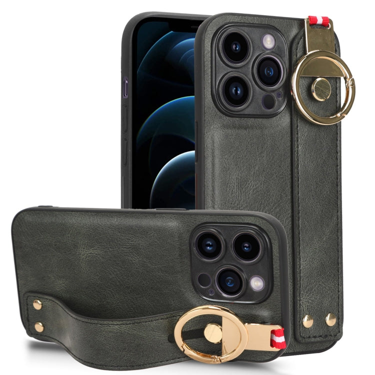 For iPhone 12 Pro Wristband Leather Back Phone Case