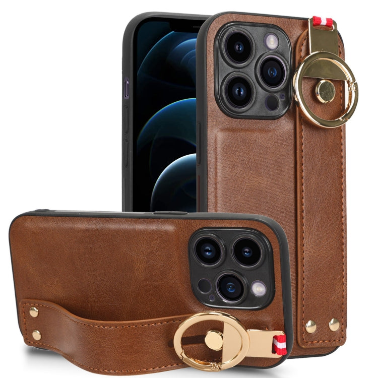 For iPhone 12 Pro Wristband Leather Back Phone Case