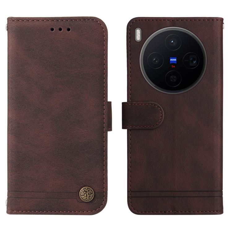 For vivo X300 Skin Feel Life Tree Metal Button Leather Phone Case