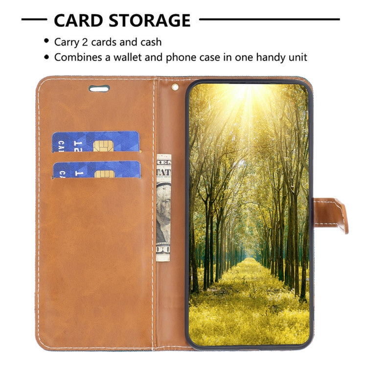 For iPhone 16 Pro Color Block Denim Texture Leather Phone Case