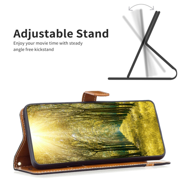For iPhone 16 Pro Color Block Denim Texture Leather Phone Case