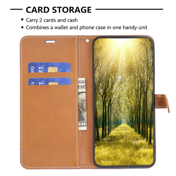For iPhone 16 Color Block Denim Texture Leather Phone Case