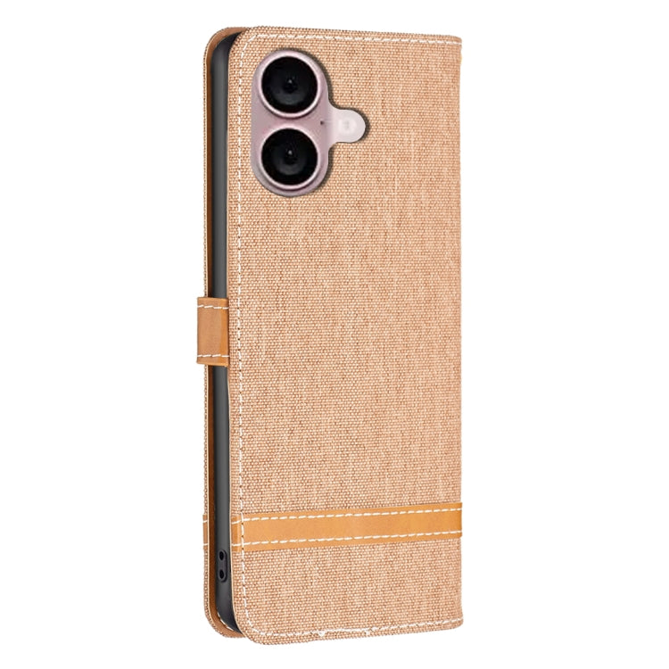 For iPhone 16 Plus Color Block Denim Texture Leather Phone Case