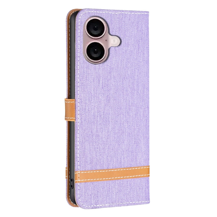 For iPhone 16 Plus Color Block Denim Texture Leather Phone Case
