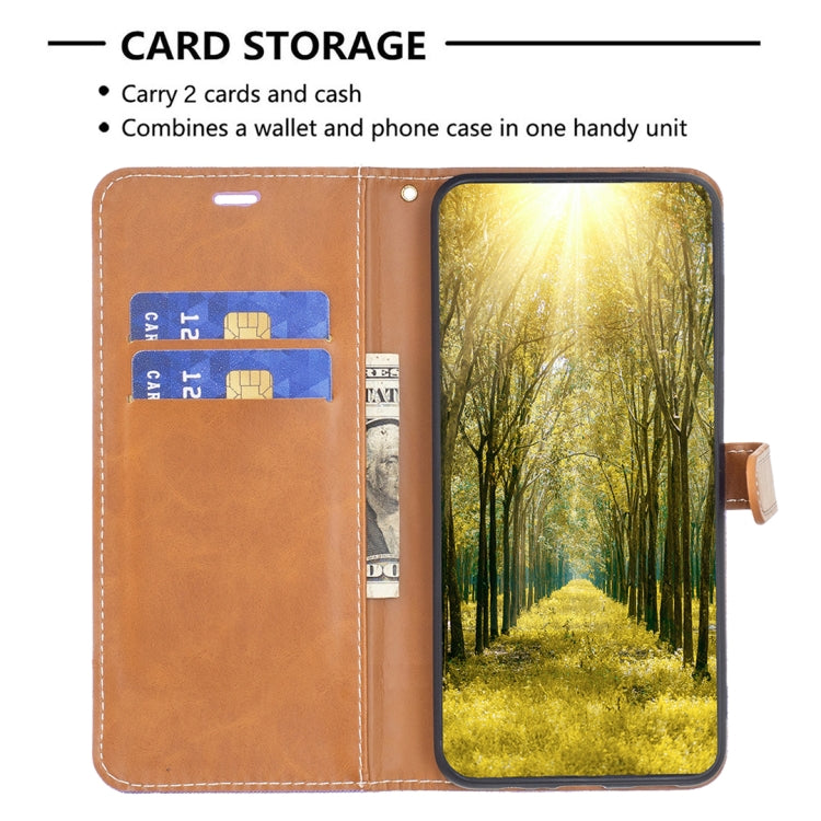 For iPhone 16 Plus Color Block Denim Texture Leather Phone Case