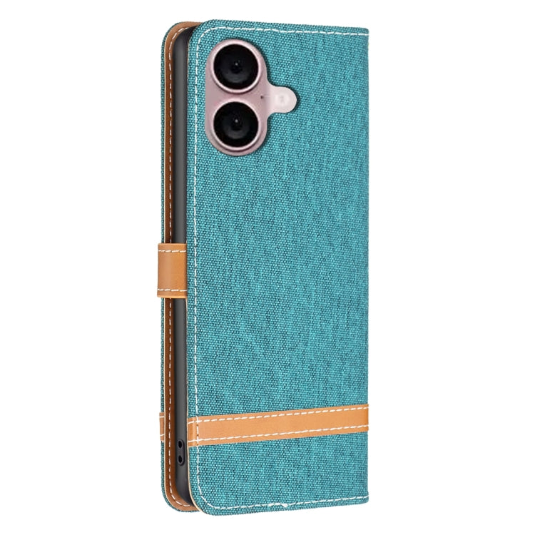 For iPhone 16 Plus Color Block Denim Texture Leather Phone Case