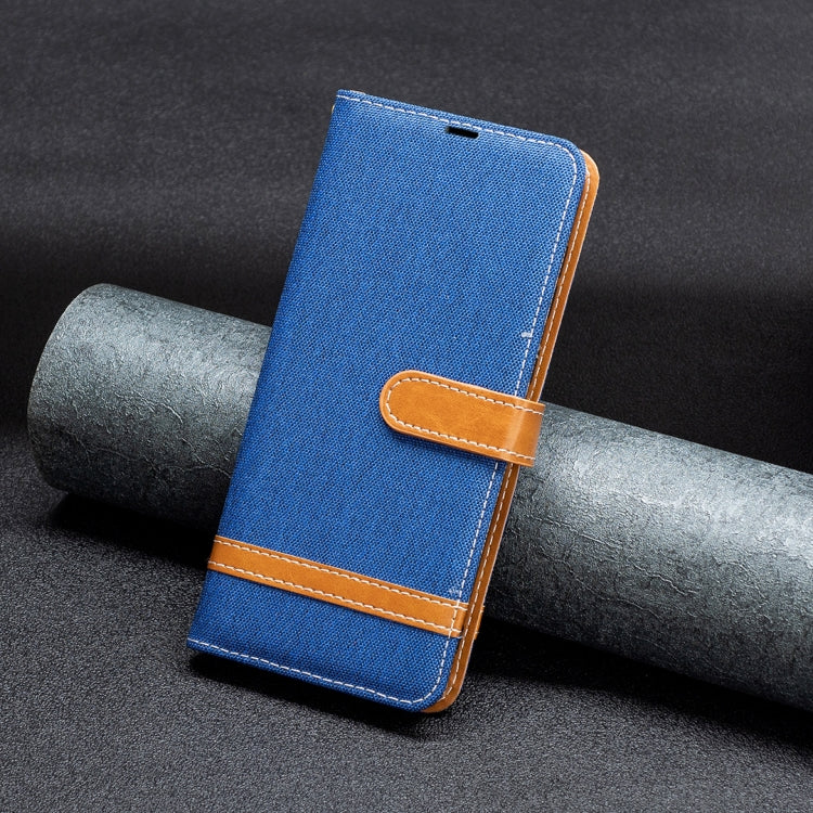 For iPhone 16 Plus Color Block Denim Texture Leather Phone Case