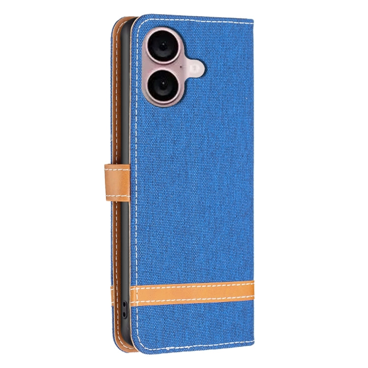 For iPhone 16 Plus Color Block Denim Texture Leather Phone Case