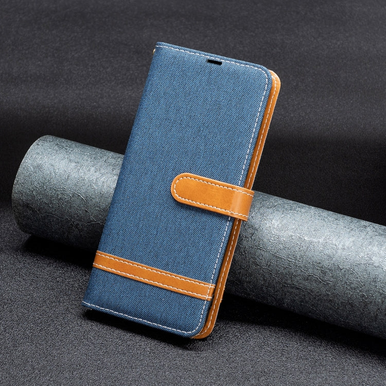 For iPhone 16 Plus Color Block Denim Texture Leather Phone Case