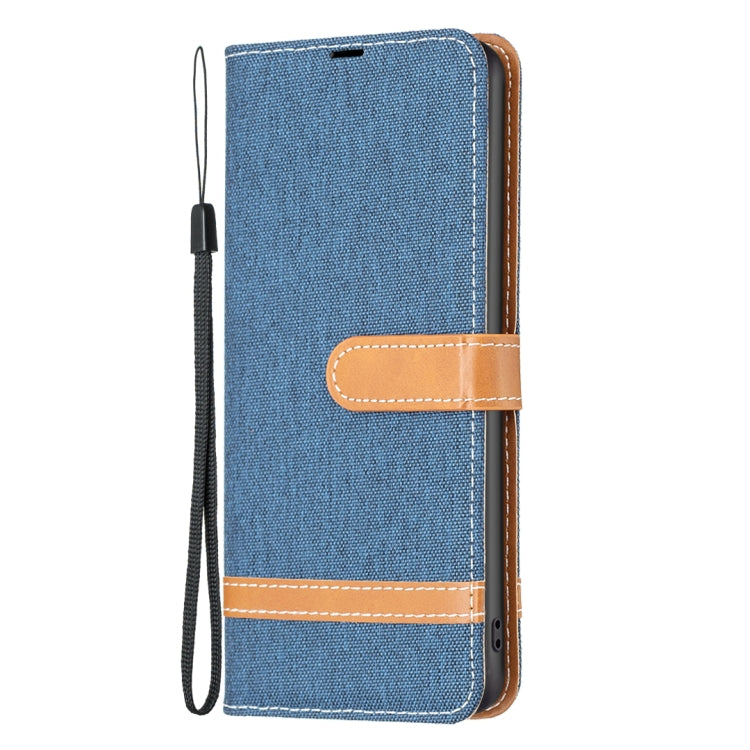 For iPhone 16 Plus Color Block Denim Texture Leather Phone Case