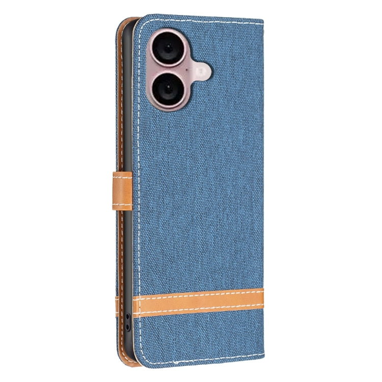 For iPhone 16 Plus Color Block Denim Texture Leather Phone Case
