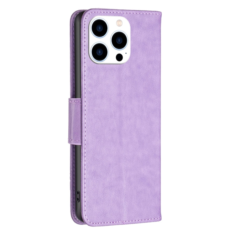 For iPhone 16 Pro Embossing Two Butterflies Pattern Leather Phone Case
