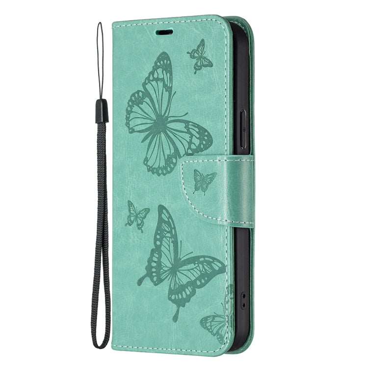For iPhone 16 Plus Embossing Two Butterflies Pattern Leather Phone Case