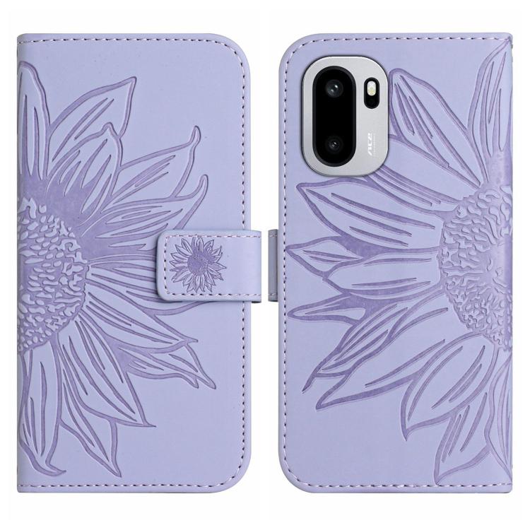 For OnePlus 15R Skin Feel Sun Flower Embossed Leather Phone Case with Lanyard