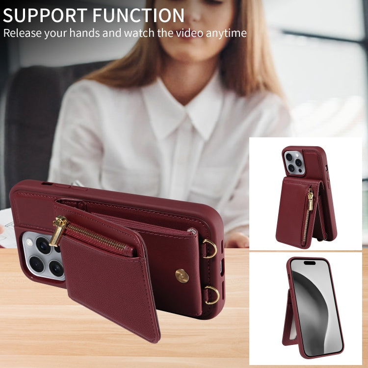 For iPhone 16 Pro Max Crossbody Lanyard Zipper Wallet Leather Phone Case