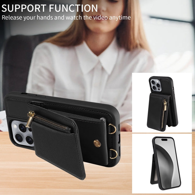 For iPhone 16 Pro Max Crossbody Lanyard Zipper Wallet Leather Phone Case