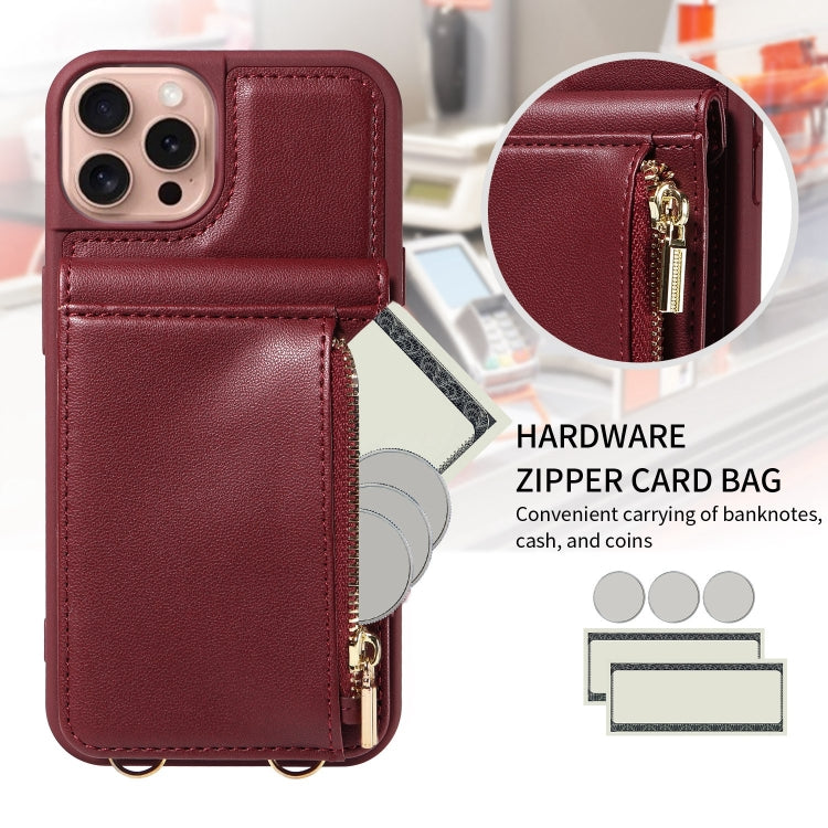 For iPhone 16 Pro Crossbody Lanyard Zipper Wallet Leather Phone Case
