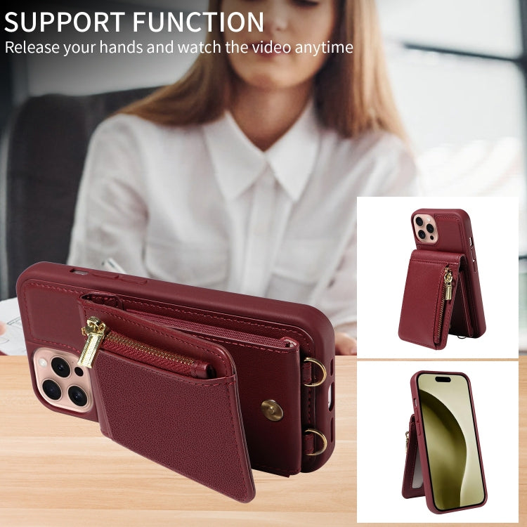 For iPhone 16 Pro Crossbody Lanyard Zipper Wallet Leather Phone Case