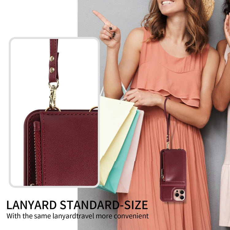 For iPhone 16 Pro Crossbody Lanyard Zipper Wallet Leather Phone Case