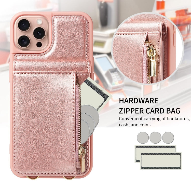 For iPhone 16 Pro Crossbody Lanyard Zipper Wallet Leather Phone Case
