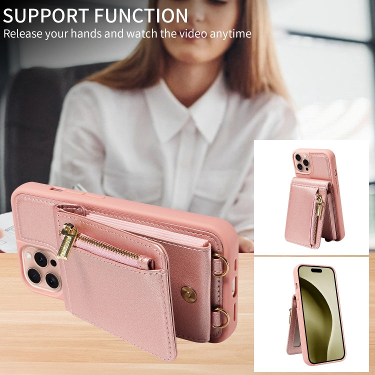 For iPhone 16 Pro Crossbody Lanyard Zipper Wallet Leather Phone Case