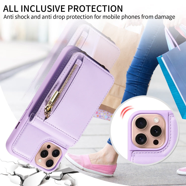 For iPhone 16 Pro Crossbody Lanyard Zipper Wallet Leather Phone Case