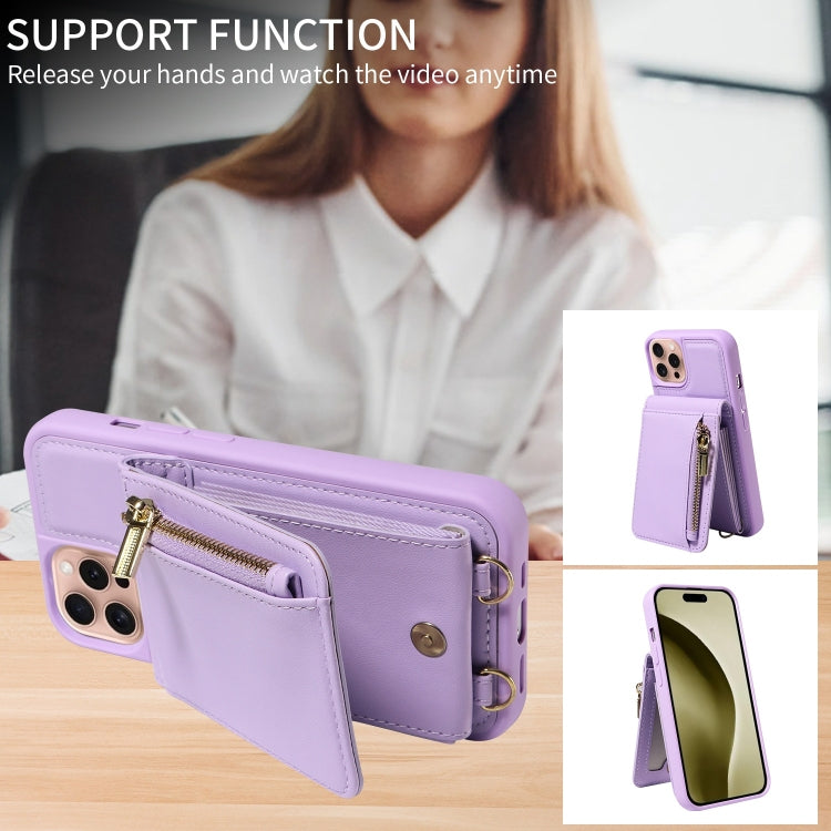 For iPhone 16 Pro Crossbody Lanyard Zipper Wallet Leather Phone Case