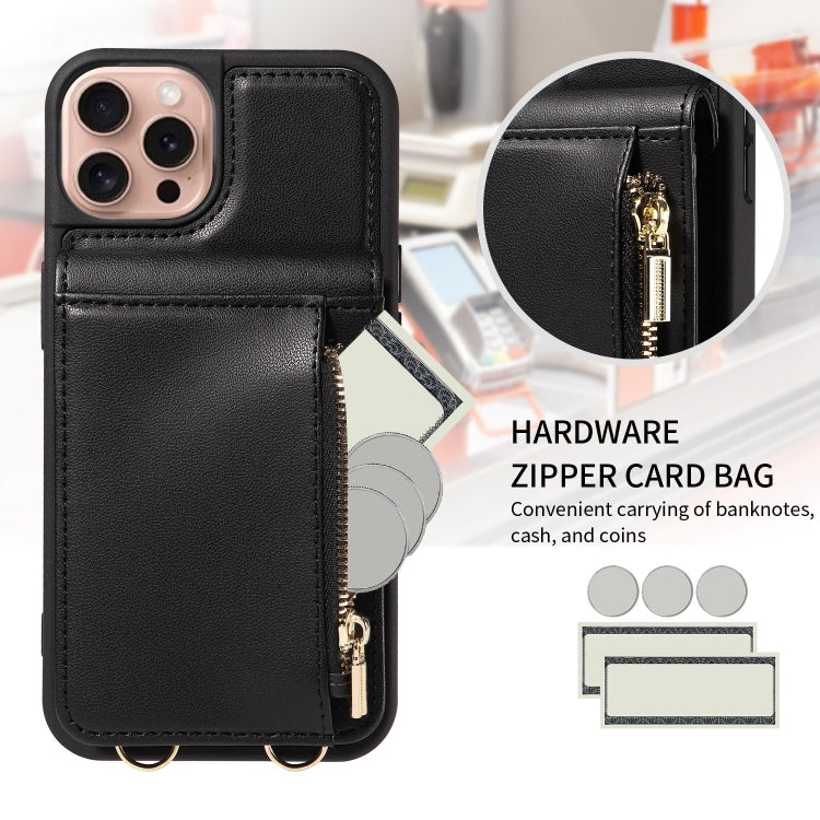 For iPhone 16 Pro Crossbody Lanyard Zipper Wallet Leather Phone Case