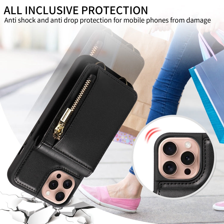 For iPhone 16 Pro Crossbody Lanyard Zipper Wallet Leather Phone Case