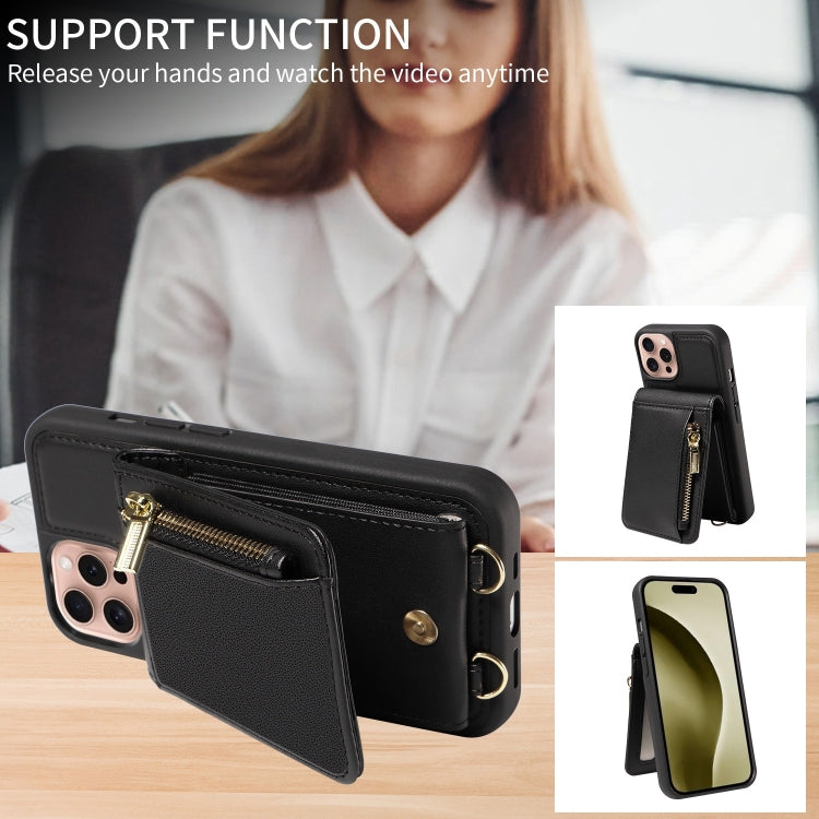 For iPhone 16 Pro Crossbody Lanyard Zipper Wallet Leather Phone Case