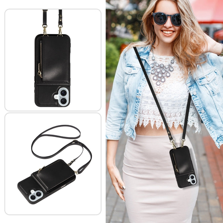 For iPhone 16 Plus Crossbody Lanyard Zipper Wallet Leather Phone Case