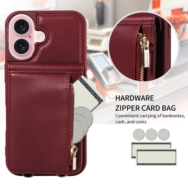 For iPhone 16 Crossbody Lanyard Zipper Wallet Leather Phone Case