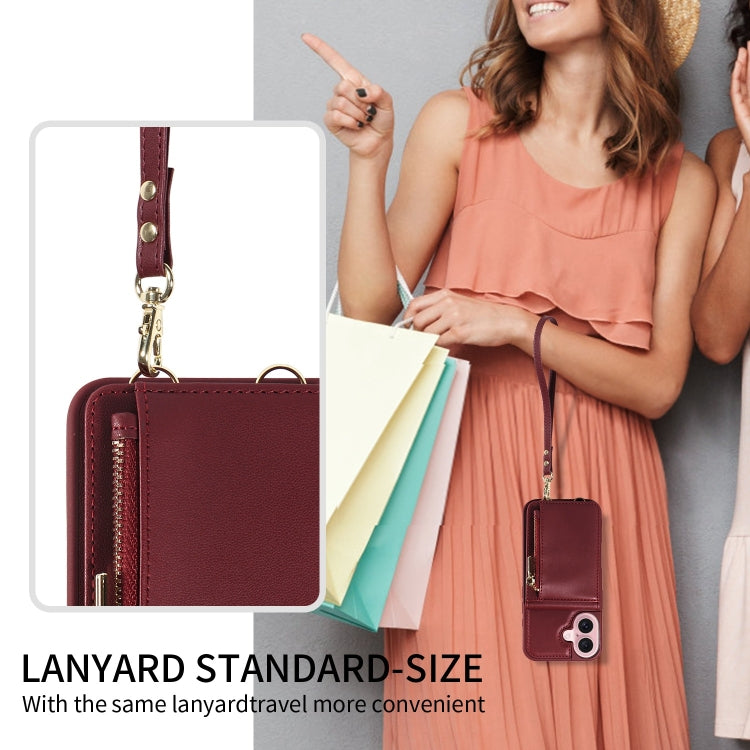 For iPhone 16 Crossbody Lanyard Zipper Wallet Leather Phone Case