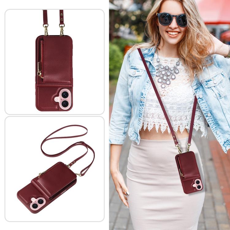 For iPhone 17 Crossbody Lanyard Zipper Wallet Leather Phone Case