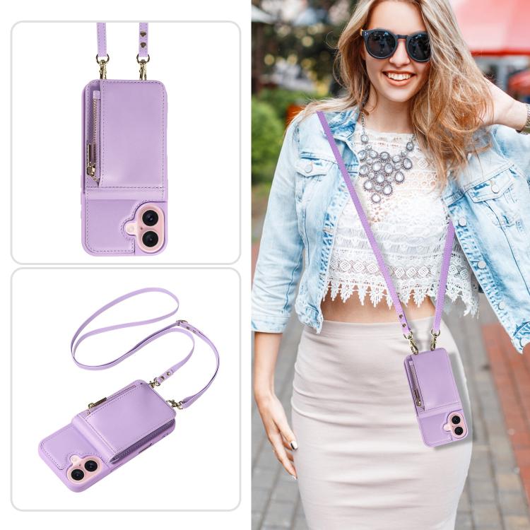 For iPhone 17 Crossbody Lanyard Zipper Wallet Leather Phone Case