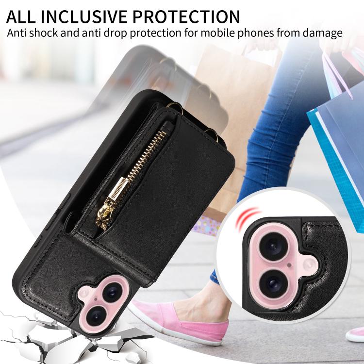 For iPhone 17 Crossbody Lanyard Zipper Wallet Leather Phone Case