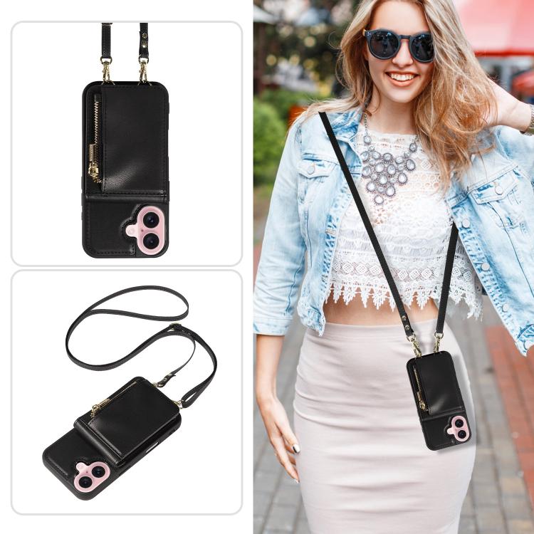 For iPhone 17 Crossbody Lanyard Zipper Wallet Leather Phone Case