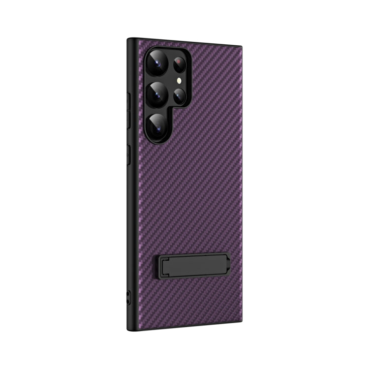 For Samsung Galaxy S23 Ultra Carbon Fiber Texture Glass Panel Protective Phone Case with Holder