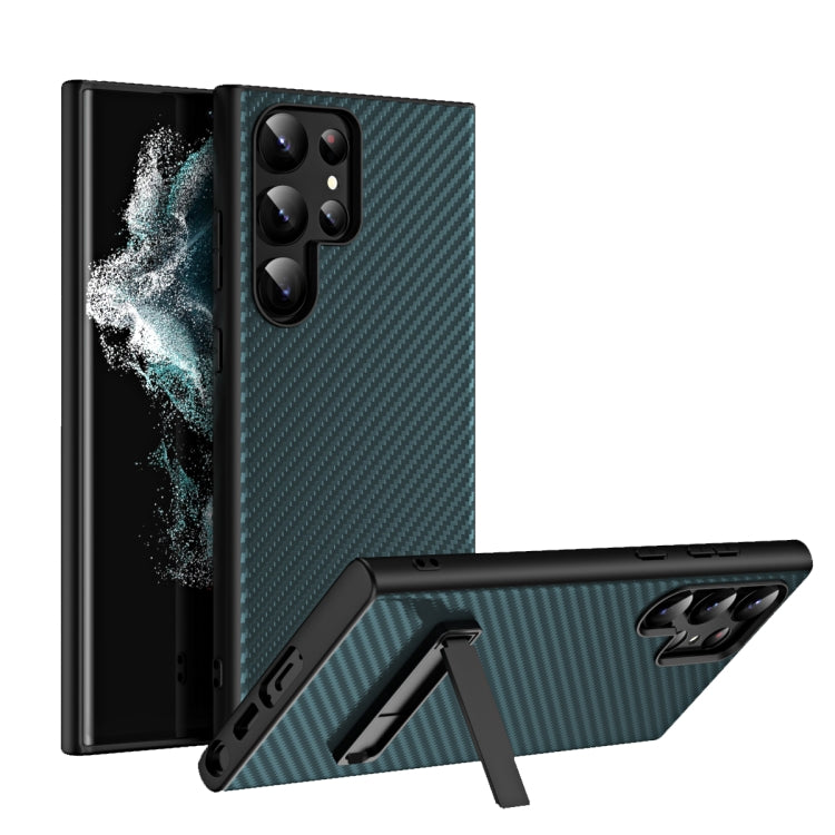For Samsung Galaxy S23 Ultra Carbon Fiber Texture Glass Panel Protective Phone Case with Holder