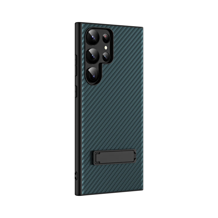 For Samsung Galaxy S23 Ultra Carbon Fiber Texture Glass Panel Protective Phone Case with Holder