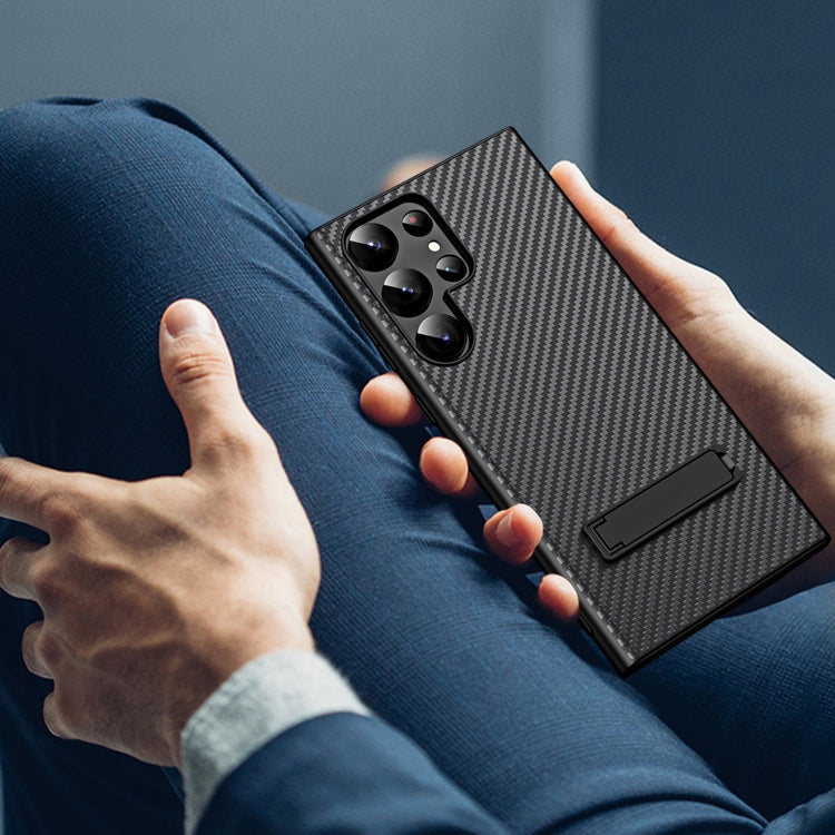 For Samsung Galaxy S23 Ultra Carbon Fiber Texture Glass Panel Protective Phone Case with Holder